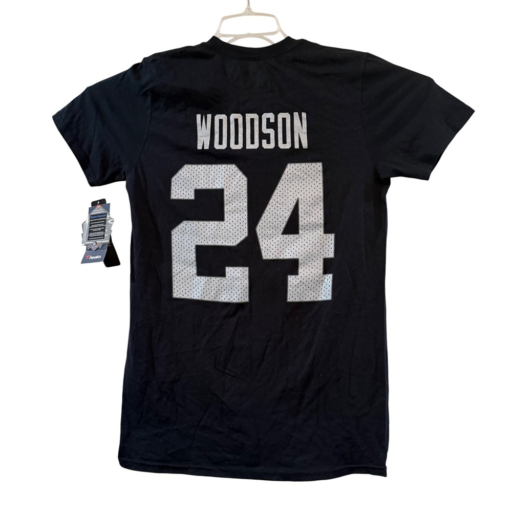 New Fanatics Mens Raiders Woodson 24 Hall of Fame T-Shirt Black Cotton Small